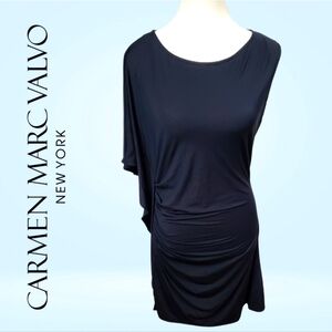 Carmen Marc Valvo Swim Coverup Dress Black Ruched Asymmetrical Swimwear Size L